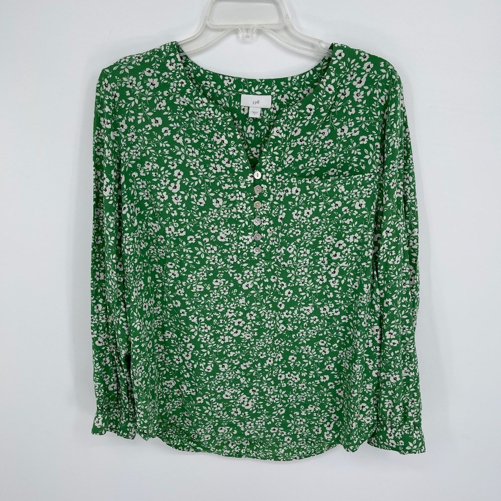 J. Jill Women's Green Ditsy Floral Henley Long Sleeve Pullover Top Blouse Size S